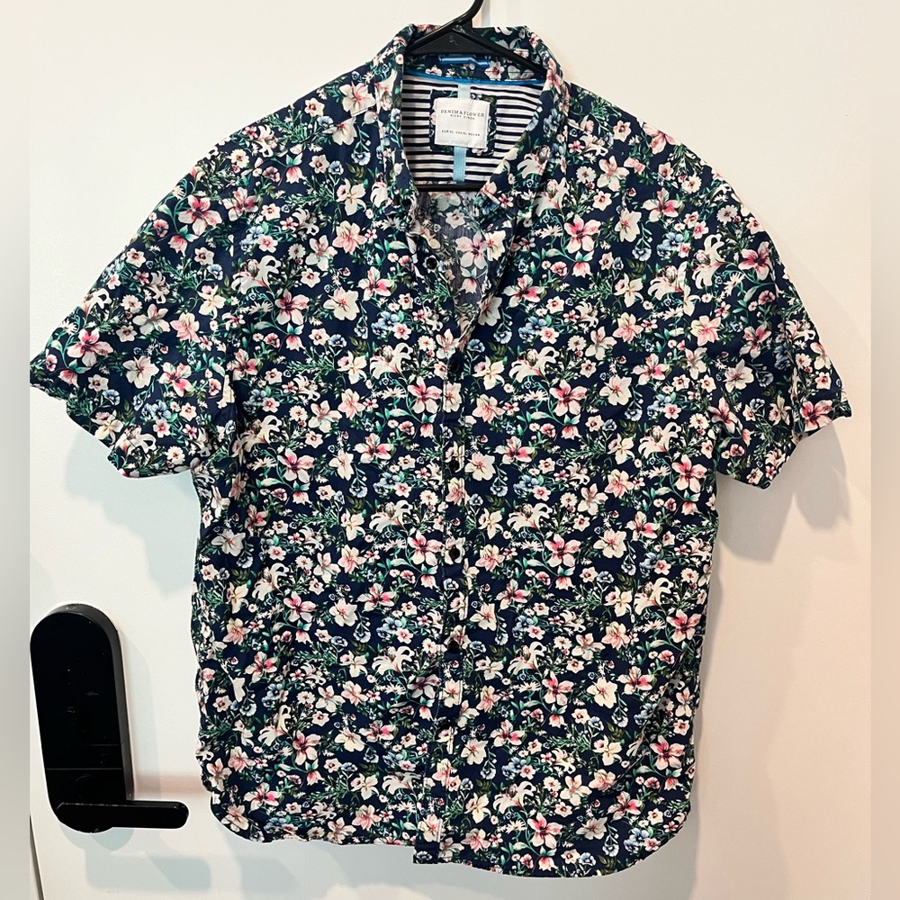 Denim & Flower Blue and Pink Casual Button Down Shirt